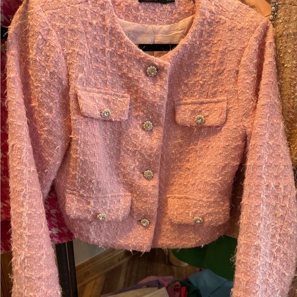 Ina Jackets & Blazers - Ina Pink Tweed Cropped Blazer with Pearl Floral Buttons